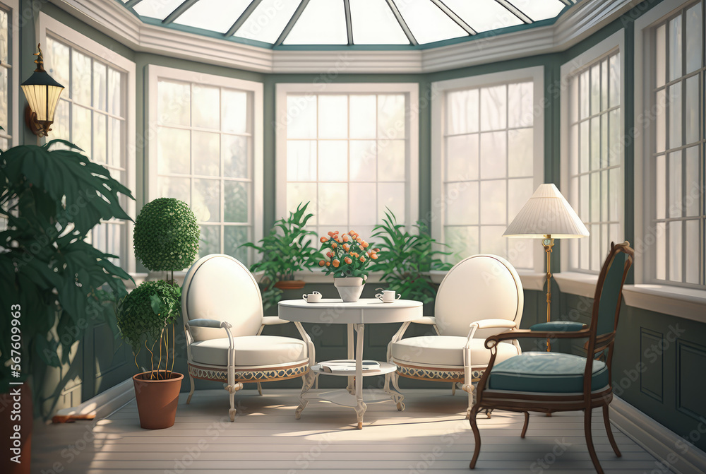 Sunroom interior, 3d render. Generative AI Sunroom interior, 3d render. Generative AI