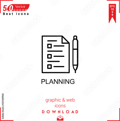 PLANİNG icon vector on white background. Simple, isolated, flat icons, icons, apps, logos, website design or mobile apps for business marketing management,
UI UX design Editable stroke.EPS10 