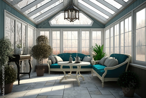 Sunroom interior  3d render. Generative AI