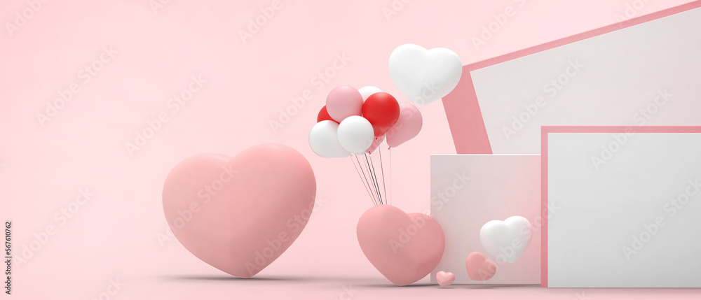 Valentine's Day greeting card and balloon Heart for Anniversary Wedding of love with product platforms. Romantic elements of love. mother's day, birthday, Inspiration, copy space -3d Rendering