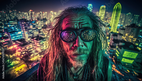 A fictional person. Cyberpunk old stoner at rooftop. Generative AI