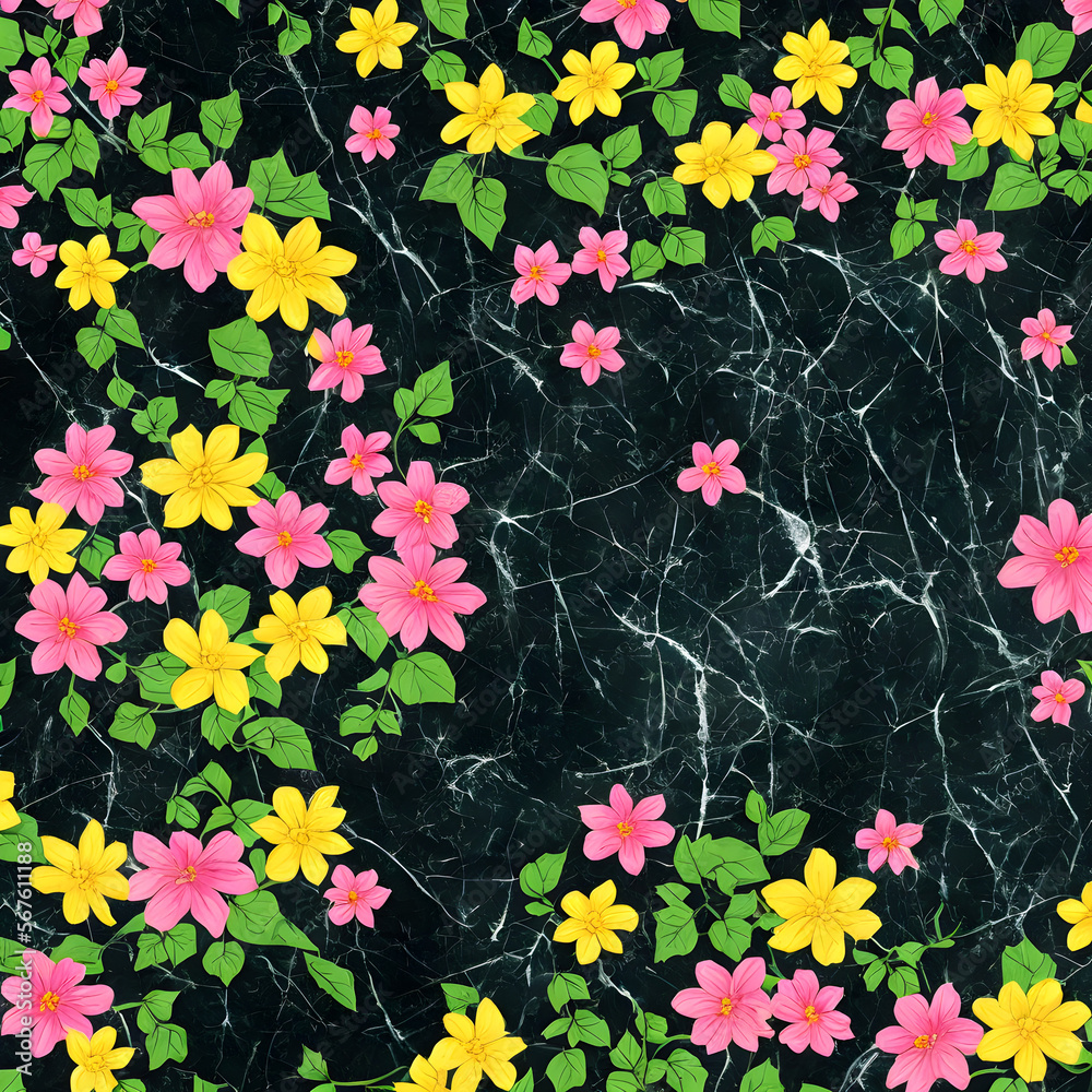 Ivy leaves and flowers on black marble background with empty space. Generative AI