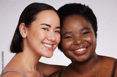 Beauty, portrait and diversity women isolated on a white background of skincare, cosmetics or self love. Asian model, black woman or international people face for makeup, dermatology and studio smile