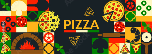 Italian Pepperoni pizza banner ads, flyer with symbols of ingredients and elements on geometric background. Creative simple Bauhaus style with geometric shapes. Vector illustration wallpaper, poster.
