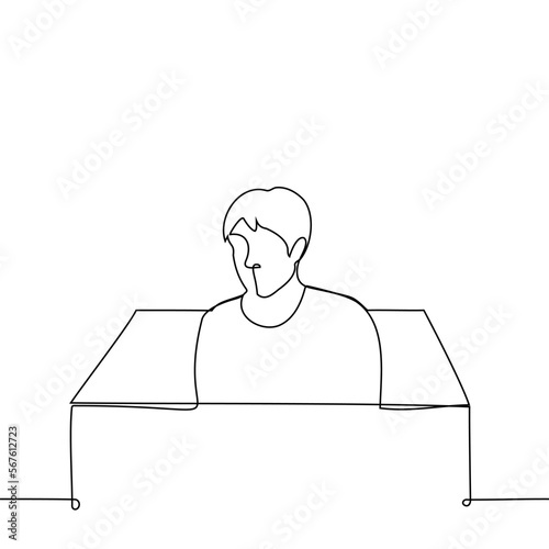 man sits in a big box - one line drawing vector. concept or metaphor of the comfort zone, social phobia, closed person