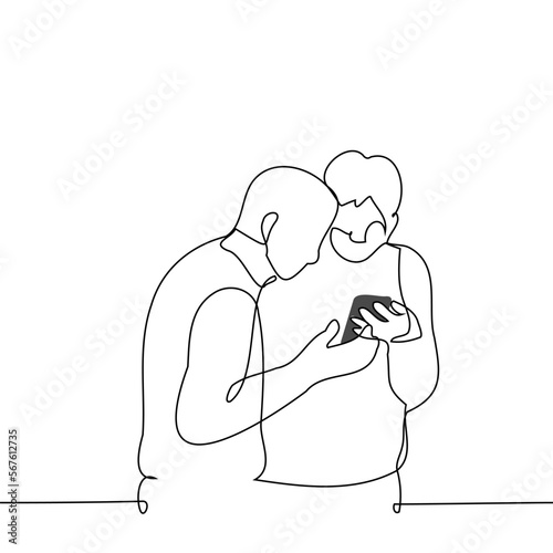 young men stand holding and looking at the phone together - one line drawing vector. the concept friends are addicted to watching what is happening on the phone
