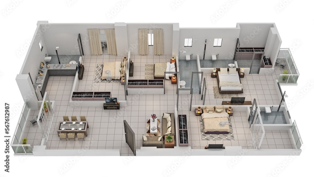 3D rendering floor plan of architecturally furnished residential ...