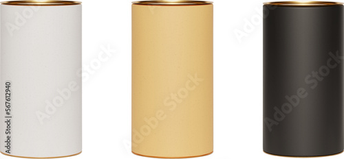 Set of kraft paper tube packages with golden lid mockup on white. Blank craft carton circular realistic box with texture. Cylindrical container with cap for product branding. Vector illustration