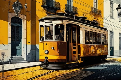Old tramway in Lisbon driving through curve. Generative Ai.