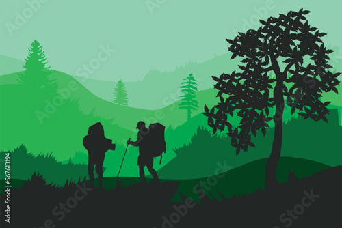 1 team  hiker  backpaker  tourists standing in mountain landscape with forest under sunset sky  with clouds and flying birds  tree 