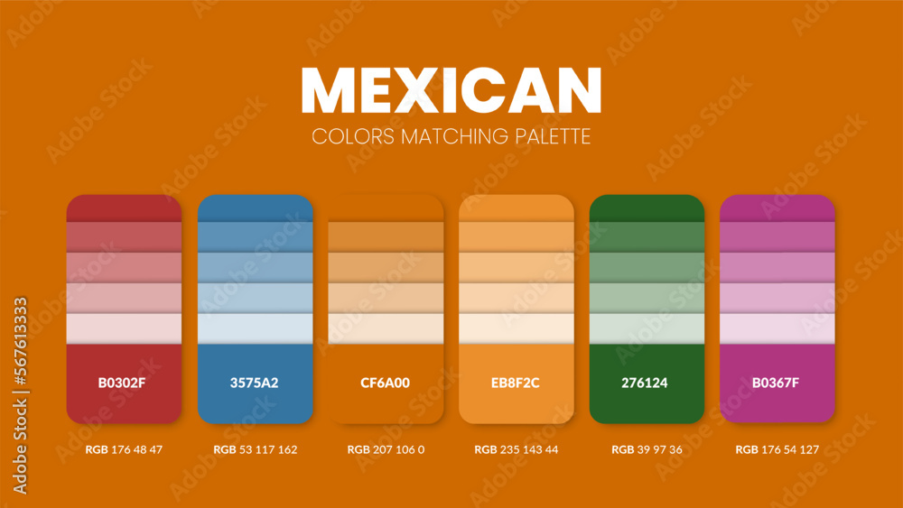 Vecteur Stock Color palette in Mexican colour theme collections. Color  inspiration or colour chart with codes template. Color combination set of  RGB. Colors swatch for graphic design, art, fashion, or web design.
