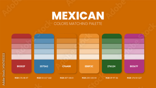 Color palette in Mexican colour theme collections. Color inspiration or colour chart with codes template. Color combination set of RGB. Colors swatch for graphic design, art, fashion, or web design.