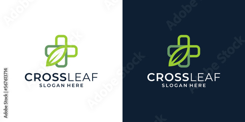 Medical cross logo design template with leaf design vector illustration. icon, symbol, creative.
