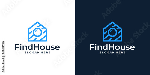 House building with line logo design template and magnifying glass design vector illustration. icon, symbol, creative.