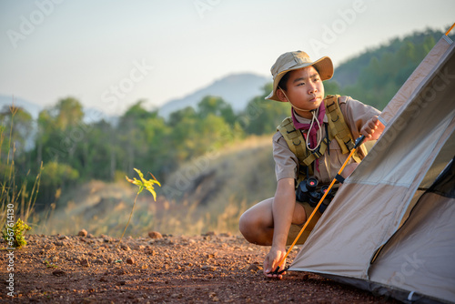 Εκτύπωση καμβά Asian Boy Scout schoolchildren pitching a tent to sleep in the camp in the evening as the sun sets
