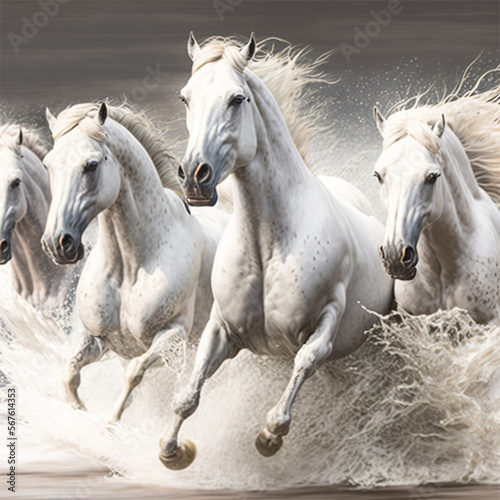 White Stallions galloping Through the Surf © Darren Green