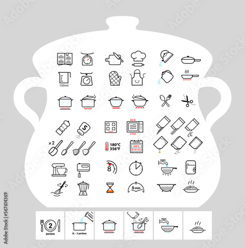 Cooking preparation icon set. Set of sign for detailed guideline. Vector elements on a white background. Ready for your design. EPS10.	