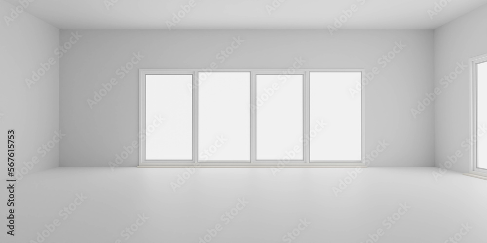 Fototapeta premium empty white room with big windows and bright day light 3d render illustration