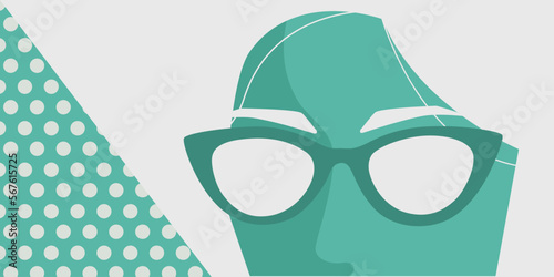 Eye glasses and sunglasses on vintage green banner. Flat vector.	