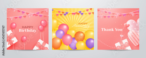 Colorful happy birthday anniversary thank you greeting card square background. Vector illustration. Romantic background with cute love balloon flag sale banner template, greeting card. Place for text.