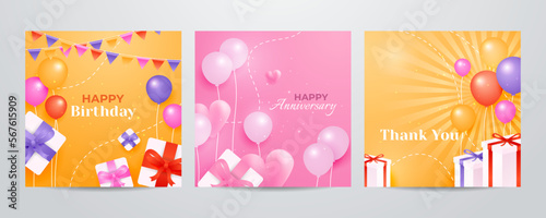 Colorful happy birthday anniversary thank you greeting card square background. Vector illustration. Romantic background with cute love balloon flag sale banner template, greeting card. Place for text.