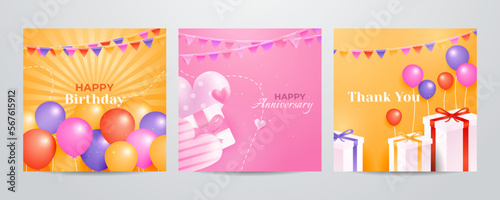Colorful happy birthday anniversary thank you greeting card square background. Vector illustration. Romantic background with cute love balloon flag sale banner template, greeting card. Place for text. © SyahCreation
