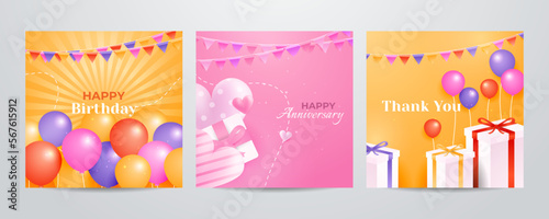 Colorful happy birthday anniversary thank you greeting card square background. Vector illustration. Romantic background with cute love balloon flag sale banner template, greeting card. Place for text.