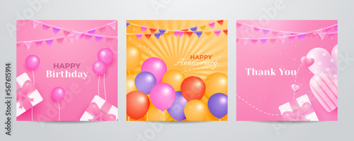 Colorful happy birthday anniversary thank you greeting card square background. Vector illustration. Romantic background with cute love balloon flag sale banner template, greeting card. Place for text. © SyahCreation