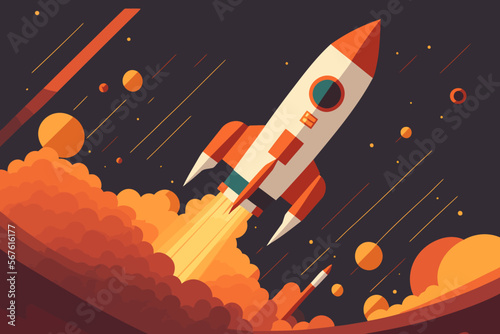 Rocket flying in space. Start up business concept. Flat design vector illustration.