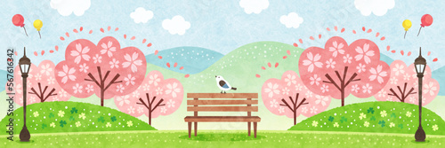 桜の咲く公園のベンチにとまる小鳥 春の水彩風景イラスト