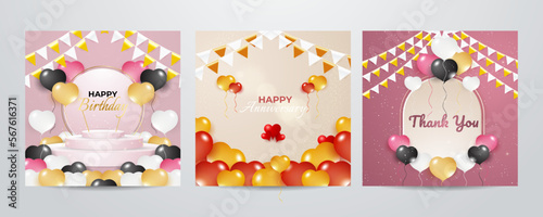 Colorful happy birthday anniversary thank you greeting card square background. Vector illustration. Romantic background with cute love balloon flag sale banner template, greeting card. Place for text.