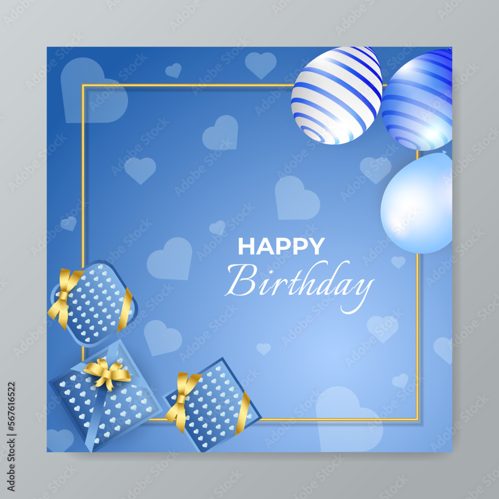 Blue happy birthday anniversary thank you greeting card square background. Vector illustration. Romantic background with cute love balloon flag sale banner template, greeting card. Place for text.