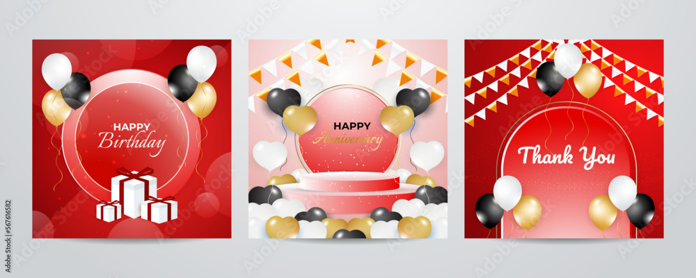 Red happy birthday anniversary thank you greeting card square background. Vector illustration. Romantic background with cute love balloon flag sale banner template, greeting card. Place for text.