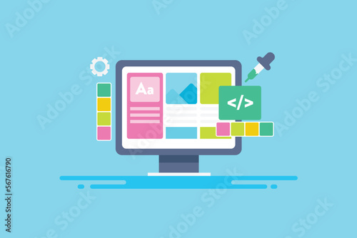 Web design software tool on computer screen with colour palette and coding script. graphic design concept vector banner.