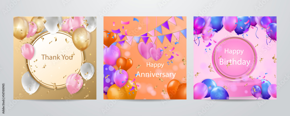 Colorful happy birthday anniversary thank you greeting card square background. Vector illustration. Romantic background with cute love balloon flag sale banner template, greeting card. Place for text. Colorful happy birthday anniversary thank you greeting card square background. Vector illustration. Romantic background with cute love balloon flag sale banner template, greeting card. Place for text.