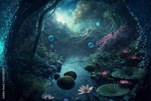 idyllic wild garden tranquil waters sparkling galaxies and the depths of the cosmos landscape