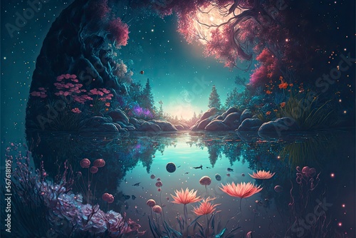 idyllic wild garden tranquil waters sparkling galaxies and the depths of the cosmos landscape