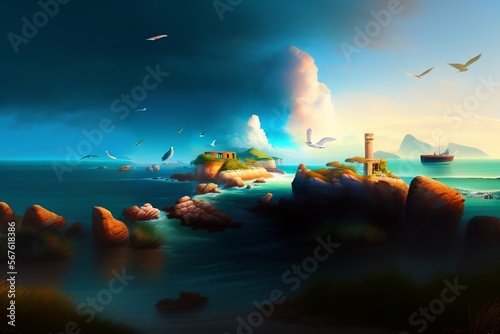 Echoes of a bygone era mix with the harmonious sounds of the ocean and its winged inhabitants in this beautiful landscape. Color Painting - Digital Painting