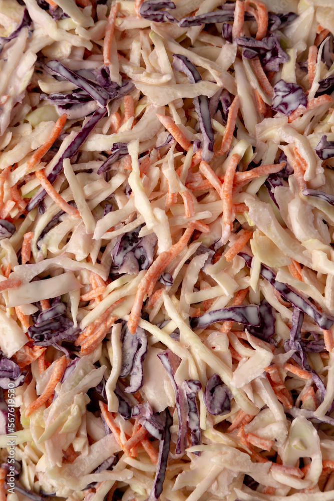 Homemade Classic Southern Coleslaw, top view. Flat lay, overhead, from above. Homemade Classic Southern Coleslaw, top view. Flat lay, overhead, from above.
