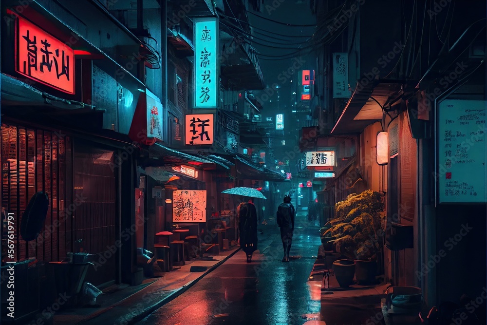 Cyberpunk futuristic Tokyo city at might with Japanese neon signs