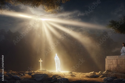 Fototapet Christian Easter concept resurrection of jesus christ The light shines from the tomb of Jesus