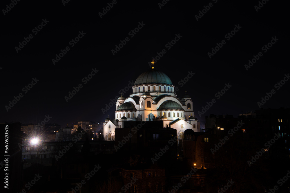 The Cathedral of Saint Sava, largest Orthodox church in world at night. Belgrade, Serbia 13.01.2023