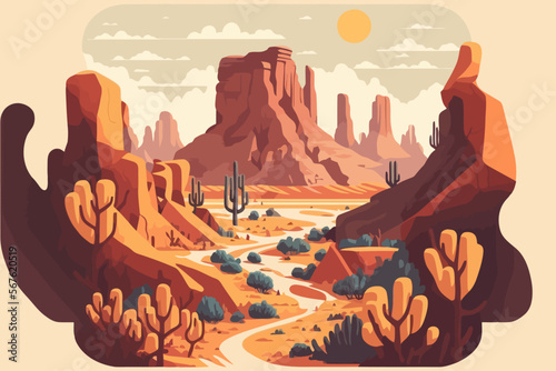 grand canyon. Desert landscape with mountains and river. Vector illustration in flat style