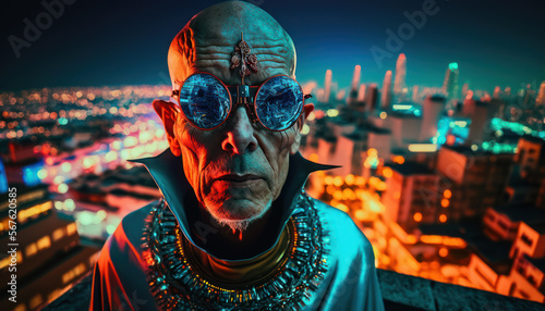 A fictional person. Cyberpunk priest at rooftop. Cyberpunk background. Generative AI