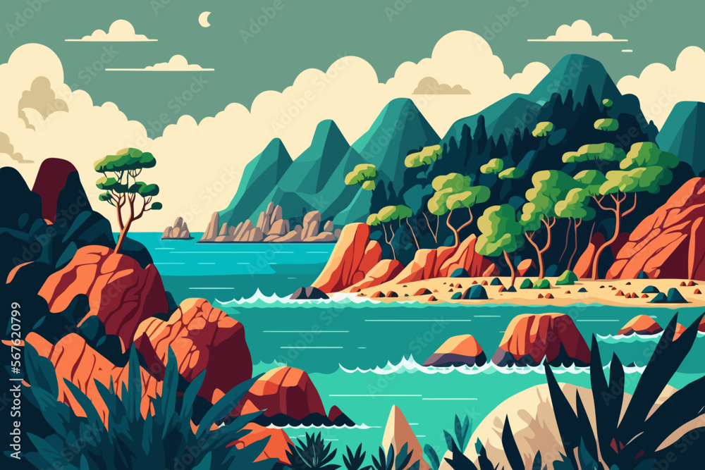 coastal Summer landscape with sea, mountains and islands. Vector illustration