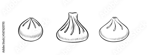 Set of hand-drawn homemade dumplings of different shapes. Vector engraved sketch elements for menu, recipe, advert, or logo. Outline illustration of the traditional dish from dough with filling.