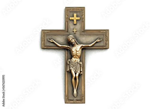 Golden crucifix cross with Jesus isolated on white. Generative AI