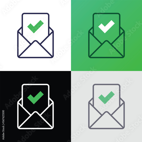Letter approved thin line icon: envelope with paper sheet with check mark. Modern vector illustration.
