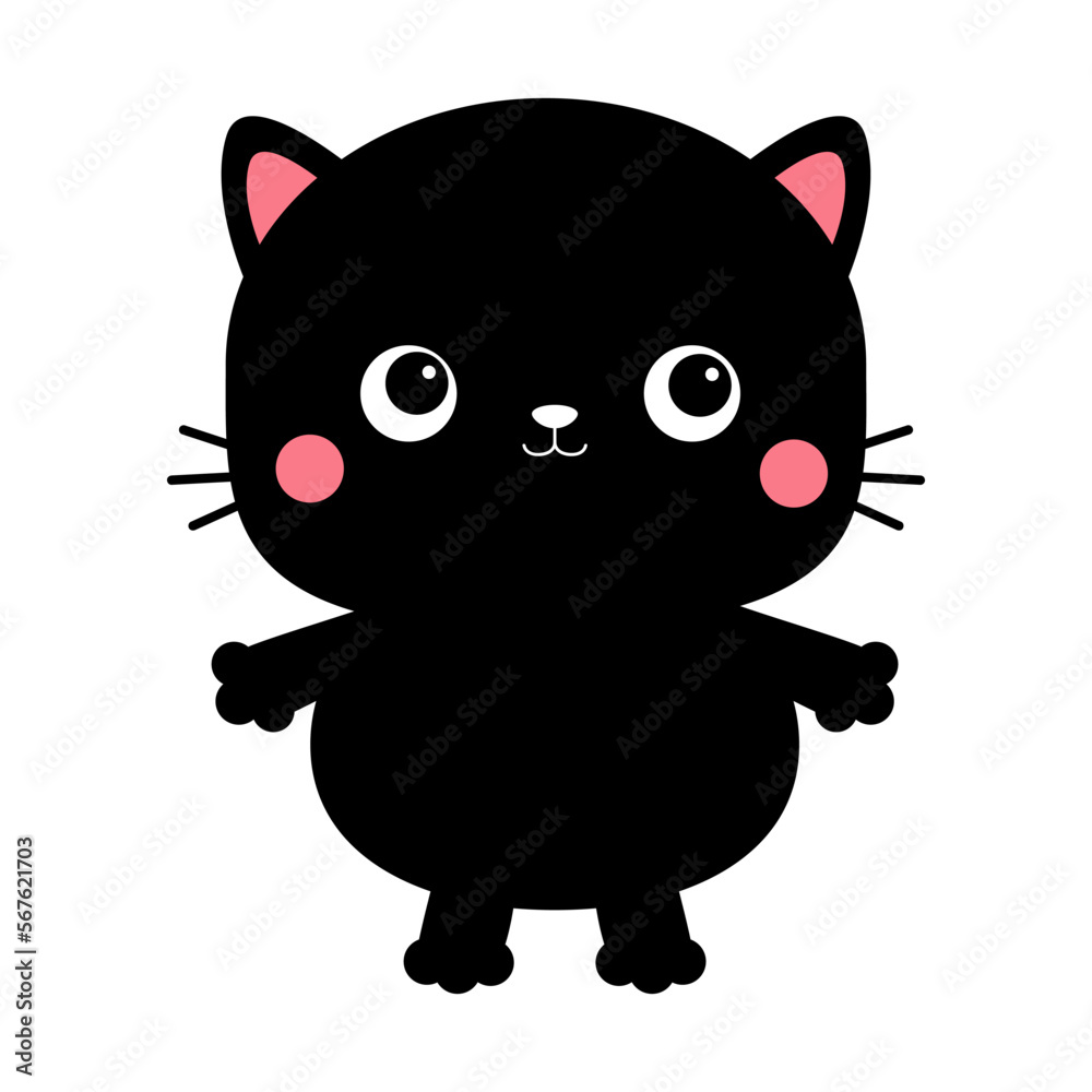 Black cat standing. Face head silhouette. Cartoon baby character icon. Cute funny kawaii doodle animal. Pink cheeks. Pet collection. Sticker print. Flat design. White background. Isolated. Black cat standing. Face head silhouette. Cartoon baby character icon. Cute funny kawaii doodle animal. Pink cheeks. Pet collection. Sticker print. Flat design. White background. Isolated.