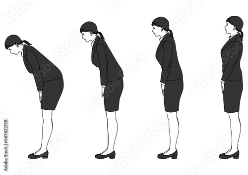 お辞儀をするビジネスウーマンの横向きイラストセット ビジネスマナー4ポーズ